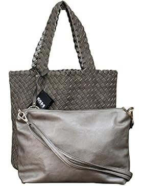 Damen Schultertasche Bag in Bag Wendetasche Beuteltasche Shopper Leder Optik geflochten zweifarbig