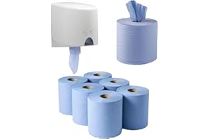 STALWART Blue Roll Centrefeed with 6 Paper Rolls Pack, 115Mtrs Long 2 Ply & Lockable Wall Mounted Dispenser Unit, Paper Hand Towel Dispenser, Industrial Hygiene dispenser for safe workplace.