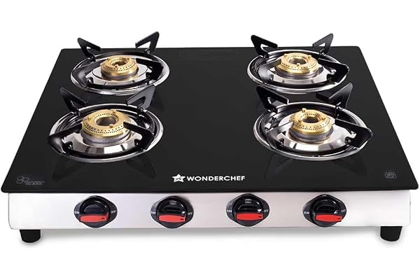 Wonderchef Galaxy 4 Burner Cooktop | 2 Medium, 2 Small Wide Spaced Burners | Highly Efficient Tri-pin Brass Burners | Precise Flame Control | BIS Appr