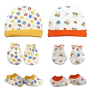 LuvLap 100% Cotton Baby Caps, Mittens and Booties Combo Set for 0-6 Months - Pack of 2 (Lion & Rugby Balls Print)