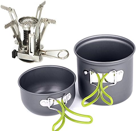 EIALA Camping Stove + Camping Pot Backpacking Cookware Set Picnic Cookware Cooking Tool Set Pot Pan + Piezo Ignition Propane Canister Stove