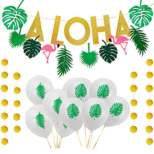 Aisamco Aloha Hawaïen Décoration de Fête de Luau Tropical Comprend Paillettes d'or Aloha Feuilles Vertes Bannière Guirlande avec Points d'or Cercle Guirlande et Ballons Tropicaux