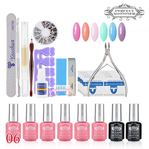 Perfect Summer Brand 30pcs Soak Off Gel Nail Polish Set 8ml 6 Mixed Colour Varnish + Base + Top coat+ Professional Nail Art Tools 06