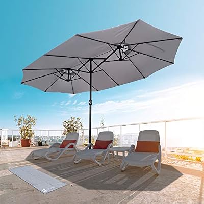 VOUNOT Parasol de Jardin Double Aluminium 270 x 460cm avec Manivelle, Toile 180 GR/m2 Protection Solaire Hauteur 2m50 Résistant à l'eau Housse de Protection Inclus Gris Claire