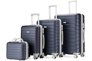 PROVITERA Set 4 Valigie Rigide in ABS con Beauty Case, Valigia con Manico Telescopico e Ruote Easy Roll, Trolley con Lucchetto e Serratura a Codice, Bagaglio a Mano Design Moderno (Blu)