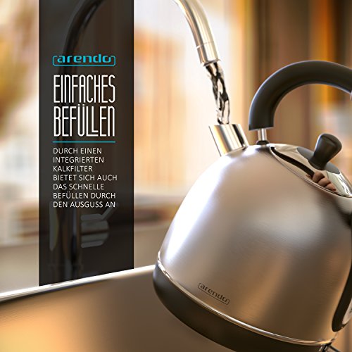 Arendo – 3000 Watt Retro Edelstahl Wasserkocher / Teekessel / im Retro-Design (Teekessel-Form) | integrierter Kalkfilter rausnehmbar | Füllmenge maximal 1,8 Liter (leicht ablesbar) | automatische Abschaltung | integrierter leicht zu reinigender Kalkfilter | silber - 6