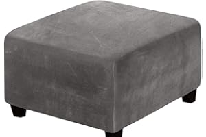 SWJ-swjssb Stretch Ottoman Slipcover,Square Velvet Footstool Cover Large Brown Grey Black Footrest Pouffe Protector Covers With Elastic Bottom Washable Super Soft Universal Slipcovers(Grey,55x55 cm)