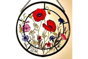 WINGED HEART PRESENTED BY CELTIC GLASS DESIGNS Decorative Hand Printed Stained Glass Window Sun Catcher/Roundel in a Cornfield Flowers Design.