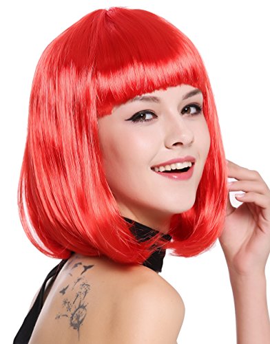 WIG ME UP ® - 0073-3-PC13 Peluca mujer Carnaval Halloween Disco Party corto Longbob Bob flequillo rojo
