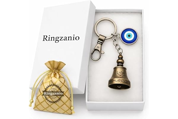 Ringzanio Guardian Bell Keychain for Bike & Car Tibetan Texture Bell Keychain with Evil Eye & Silver Hook Good Luck Charm Guardian Bell Key Chain
