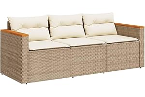 vidaXL Gartensofa 3-Sitzer, Loungesofa Sofa mit mit Kissen, Sitzgruppe Stahlrahmen, Gartenmöbel Lounge Rattanmöbel, Beige Poly Rattan