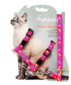 Pups&Pets Cat Harness Leash Nylon Set for Cat Rabbit Kitten and Small Pet Nylon Harness Strap Collar /Cat Training Leash Lead (Pink, Bone PAW Print)