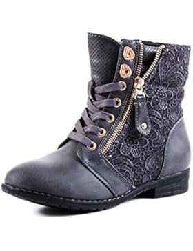 Stylische Damen Stiefeletten Worker Boots Spitze in hochwertiger Lederoptik