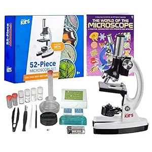 AmScope - M30-ABS-KT2-W-WM 1200X 52-pcs Kids Student Beginner Microscope Kit with Slides, LED Light, Storage Box and Book The World of The Microscope White