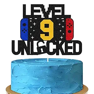 FestikoLevel 9th Unlocked Sign Cake Topper Happy 9th Birthday Level Up Tenth Cake Decorations for Video Game Controller Themed Kids Boy Girl Bday Party Supplies