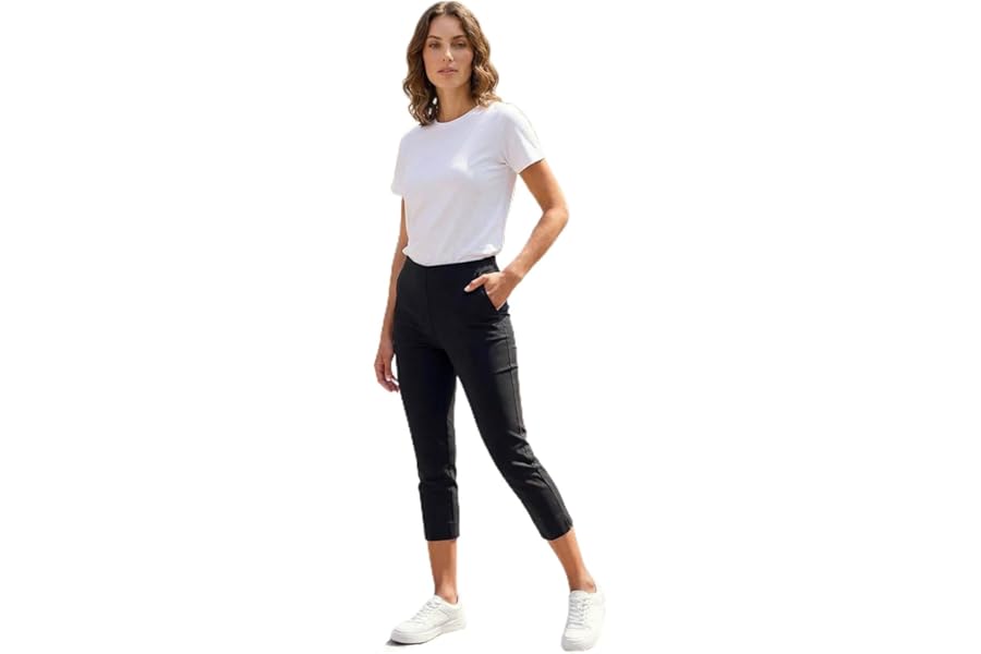 Roman Cropped Trousers for Women UK Ladies Capri Leggings Summer Pants Short Crop Stretch 3/4 Length Three Quarter Pedal Pusher Clothes Elasticated Bengaline Cut Off