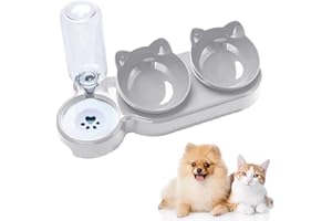 DBLWIN 3-In-1 Cat Food and Water Bowl Set, Cat Bowls with Stand, Double Cat Bowls with Water Dispenser for Pet, Pet Food and Water Feeder for Small Medium Dogs Cats (Gray)