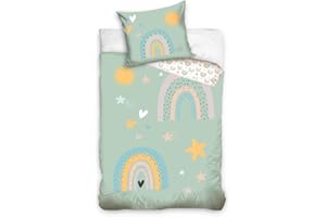 MTOnlinehandel Kinder Bettwäsche Set 135x200 80x80 cm · Regenbogen, Sonne, Sterne · 100% Baumwolle mit YKK Reißverschluss · sanft, weich für Mädchen und Jungen
