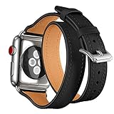 HappyTop Double Tour Band Ersatz für Apple Watch 1/2/3 Echt Leder Armband iWatch Bands Slim Design, Unisex, Schwarz, 42mm