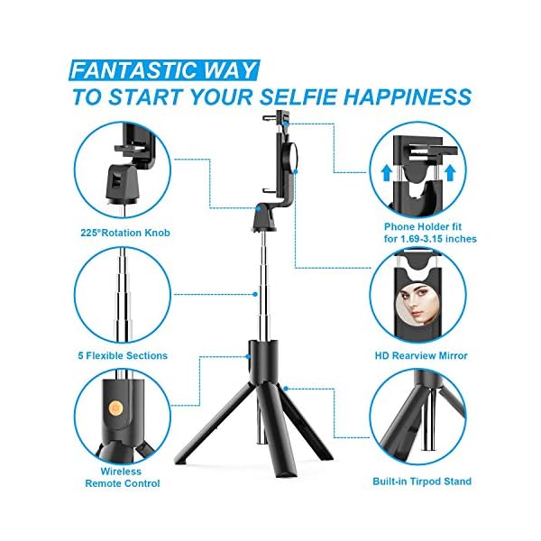 Soft Digits Bluetooth Selfie Stick Stativ, 3 in 1 Erweiterbar Monopod Wireless Selfie-Stange Stab 360°Rotation mit Bluetooth-Fernauslöse für iPhone Android Samsung – Bild 3