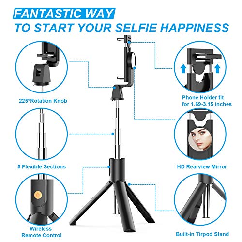 Soft Digits Bluetooth Selfie Stick Stativ, 3 in 1 Erweiterbar Monopod Wireless Selfie-Stange Stab 360°Rotation mit Bluetooth-Fernauslöse für iPhone Android Samsung – Bild 3