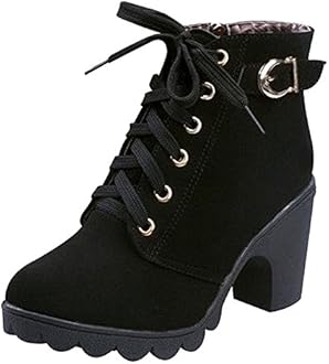 KINDOYO Womens Ladies Mid Chunky Block Heel Chelsea Low Ankle Boots Gussets Platform Faux Lace-Up Shoes , Black