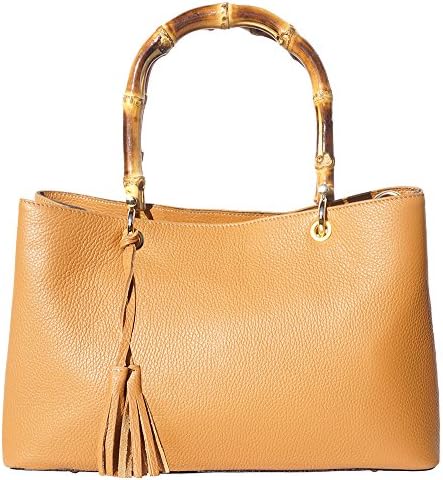 BAMBOO HANDLE LEATHER HANDBAG “VERONICA” WITH GOLDEN METAL HARDWARE 9139 (Tan)