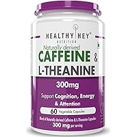 HealthyHey Nutrition Natural Caffeine 100mg Plus L-Theanine 200mg - Support Energy and Focus (60 Vegetable Capsules)