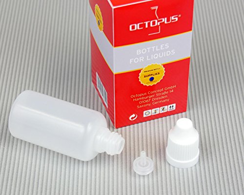 10 x 30 ml Octopus Tropfflaschen, zur Dosierung von Flüssigkeiten, E-Liquids, Augentropfen, leere LDPE Kunststoffflaschen transparent, Tropferflaschen mit weissen Tropfverschlüssen, mit Kindersicherung, inkl. 10 Beschriftungsetiketten - 2