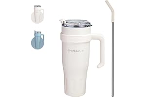 Charmline 1200ML Taza de Viaje,Vaso Térmico con Asa y Pajita,Portátil Botella de Agua Acero Inoxidable Aislado, Adecuado para Bebidas Calientes y Frías, Blanco Lechoso