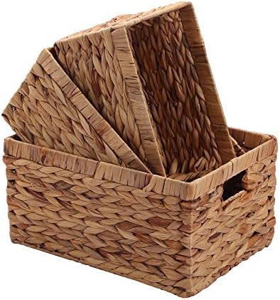 Storage container, Natural water hyacinth Storage Bins Rectangular Basket,Metal frame,Kingwillow (Set of 3, TypeD)