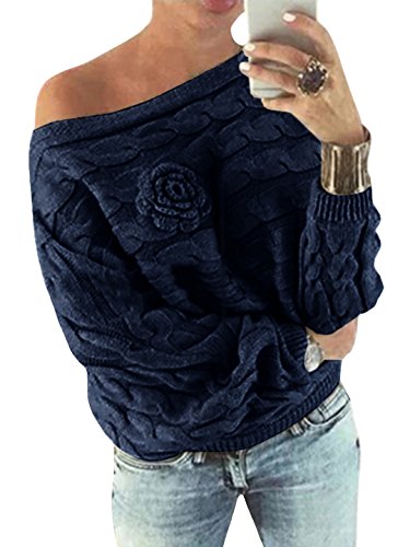 YOINS Pull Femme Sexy Manches Chauve-Souris Chandail Imprimé Aléatoire Floral Sweater Col Bateau Hiver Bleu Foncé XS