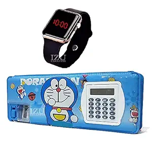 IZU Multipurpose Magnetic Pencil Box with Calculator, Dual Sharpener for Girls & Boys +New Square Digital Watch (Dora), Multicolor