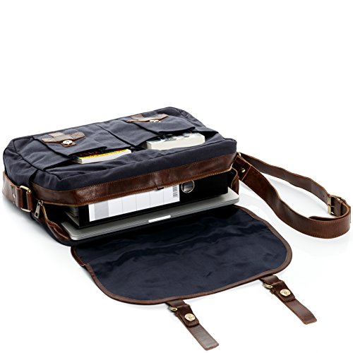 Sid   Vain Messenger Bag Chase- Umhaengetasche Gross - Notebook-Tasche Echt Canvas-Leder Blau-Braun