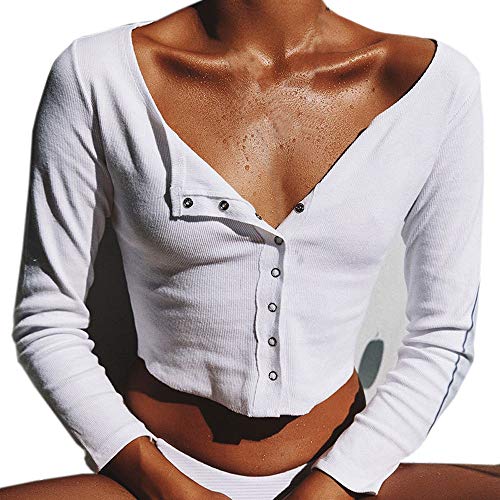TAOtTAO Womens Long Sleeve O Neck Crop Tops Button Casual Blouse Top