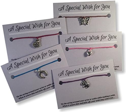 HH Jewellery Pack of 5 WISH BRACELETS on Printed Cards Various Designs and Colours Party Favours Hemp and Silver Tone Charms