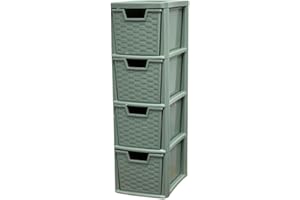 KYY'Z KYY’Z 4 Drawer Storage Unit Rattan Effect A5 Medium Plastic Storage Drawer Unit 4 Tier Storage Cabinet Chest Tower Home Kitchen Office School Garage Living (Rattan Sage Green, 4 Drawers Medium)