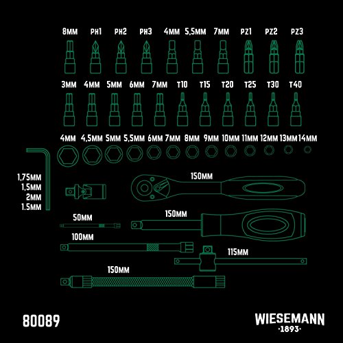 Steckschlüsselsatz 46tlg | WIESEMANN 80089 | Chrom-Vanadium Stahl | Steckschlüssel-einsätze | 1/4″| Knarre | Adapter | PH PZ | im Werkzeugkoffer - 6