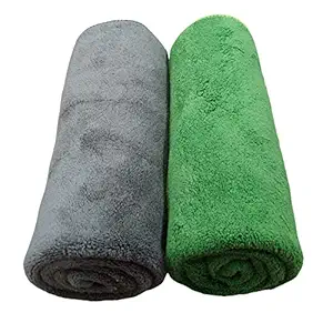 SOFTSPUN 750 GSM, Microfiber Double Layered Cloth 40x60 Cms, Pack of 2 (Green+Grey) Extra Thick Microfiber Cleaning Cloths Perfect for Home, Kitchen, Cars, Furniture and More.