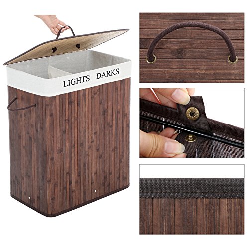 Songmics 100L (62,5 x 52 x 32 cm) Wäschekorb Bambus Faltbar Wäschebox mit 2 Fächern Wäschetonne mit herausnehmbaren Wäschesack Braun LCB64Z - 4
