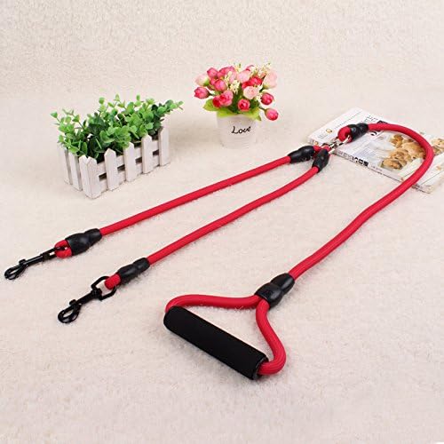 ZQ@QXNylon double head hook, lengthened one pull, two walk dog rope, pet traction rope,145cm,red