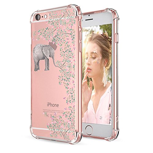 Caroki iPhone 6 Plus Case, iPhone 6S Plus Clear Case Shockproof Cute Design [Slim Fit] Transparent Case with Reinforced Corners Soft TPU Bumper Cover For iPhone 6 Plus/6S Plus 5.5"-Sakura Elephant