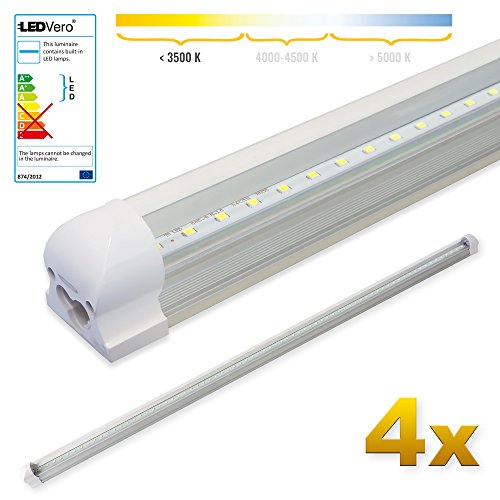 détail LEDVero 4x SMD  réglettes lumineuses LED en blanc chaud T8 G13 tube couvercle transparent - 150 cm 25 W, 2500lumen- prêt pour l'installation