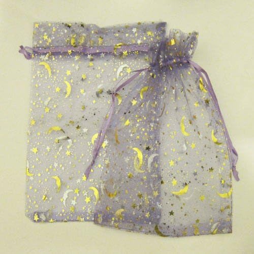 10 - Organza Bags - Gift Pouches - Large - Gold Moonstar Pattern- Purple - 17x23cm