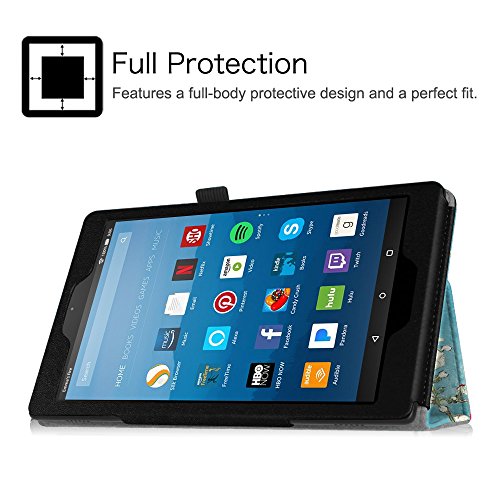 Fintie Folio Hülle für Amazon Fire HD 8 Tablet (8-Zoll, 7. Generation – 2017) – Premium Kunstleder Schutzhülle Tasche mit Standfunktion und Auto Sleep / Wake Funktion, Mandelblüten - 6