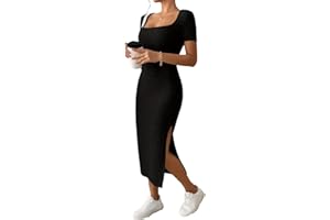 Havejoy Robe Mi Longue Femme Moulante Col Carré Manches Courtes, Décontracté Midi Bodycon Robe Tricot Côtelée avec endue sur Le Côté pour Cocktail Soirée Plage