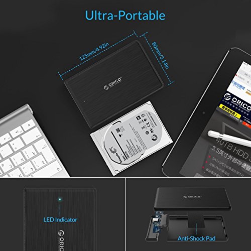 ORICO 2,5″ USB Typ C Externes Festplattengehäuse, USB 3.0 auf SATA III 6 Gb/s, für 7mm und 9,5 mm 2,5-Zoll SATA Notebook Interne HDD und SSD, Werkzeugfreie Montage, UASP Beschleunigung (Schwarz) - 6