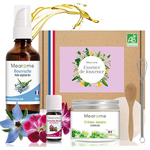 Effet Lifting 100% Naturel - Coffret cosmétique DIY pour faire sa crème visage anti-rides - Hydratation intense peaux sèches, abimées - Huile essentielle BIO, huile végétale BIO & éponge Konjac