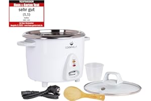 ‎KEMAR KITCHENWARE KeMar Rice Cooker Mini (0.6 L, 300 W, White) with Stainless Steel Pot, Compact with Glass Lid and Bamboo Spoon (KRC-100) Small Steamer - Stainless Steel Bowl, 3 Measuring Cups for up to 3 People, Keep