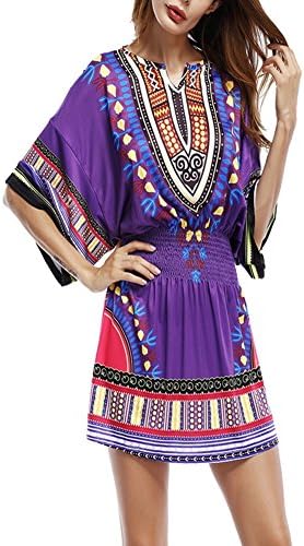 Women Bohemian Round Neck Tight Waist Vintage Dashiki Printed Ethnic Style Summer Shift Dress